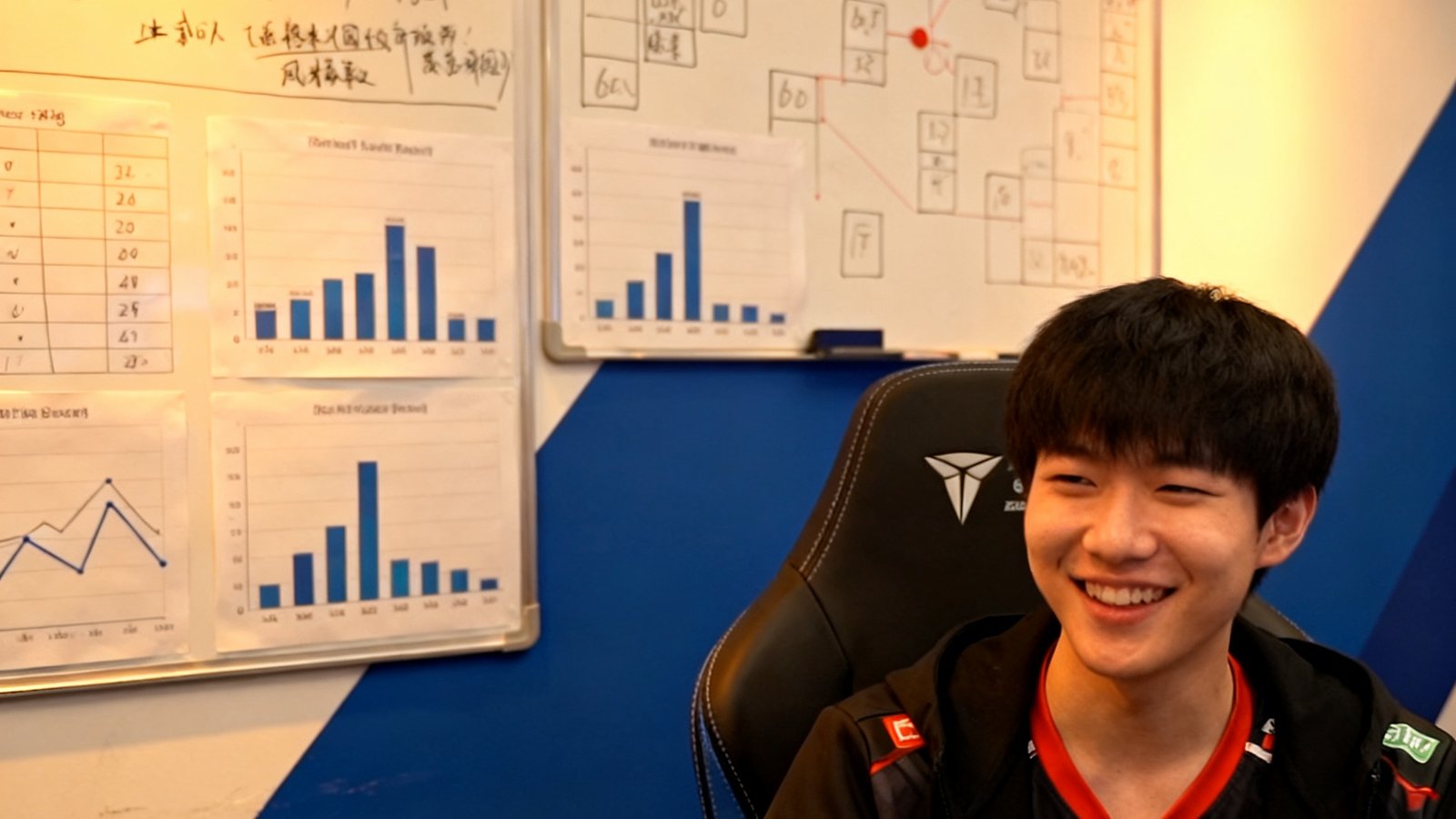 JDG中单选手knight在训练室接受专访，身后是满墙的战术白板和数据图表，他正微笑着讲述自己对新版本的适应过程