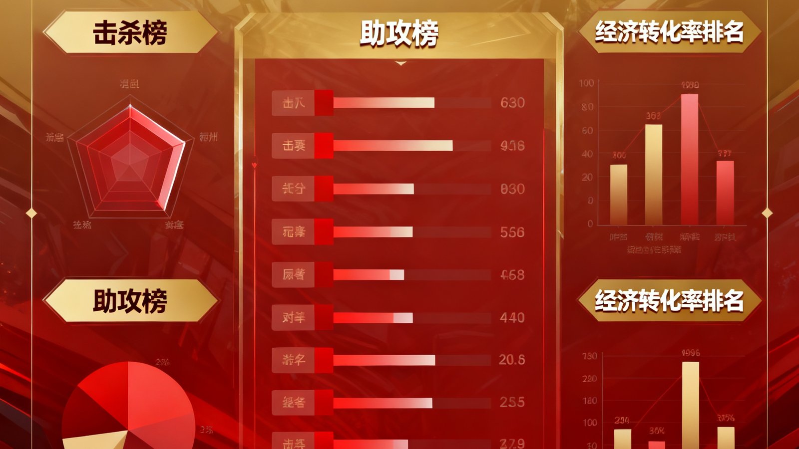KPL夏季赛半程数据报告封面，以金色和红色为主色调，展示击杀榜、助攻榜和经济转化率排名的可视化图表